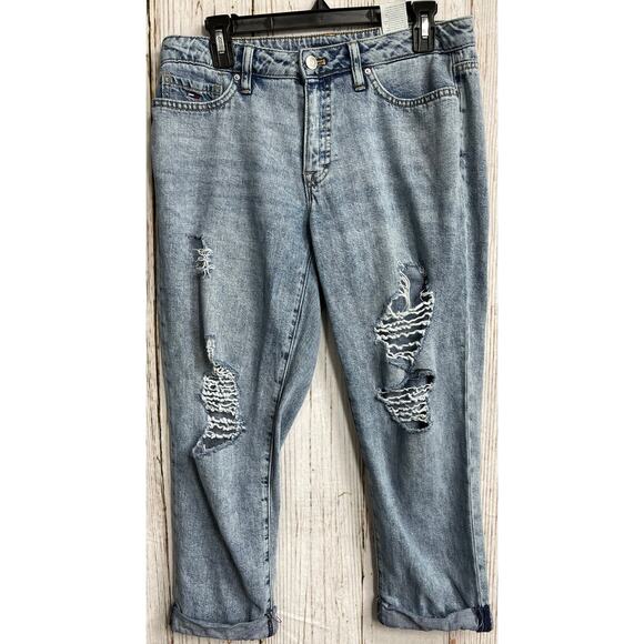 Tommy Hilfiger Cropped Cuff Ripped Jeans Womens 8 Blue Denim Distressed Mid Rise - Picture 1 of 5